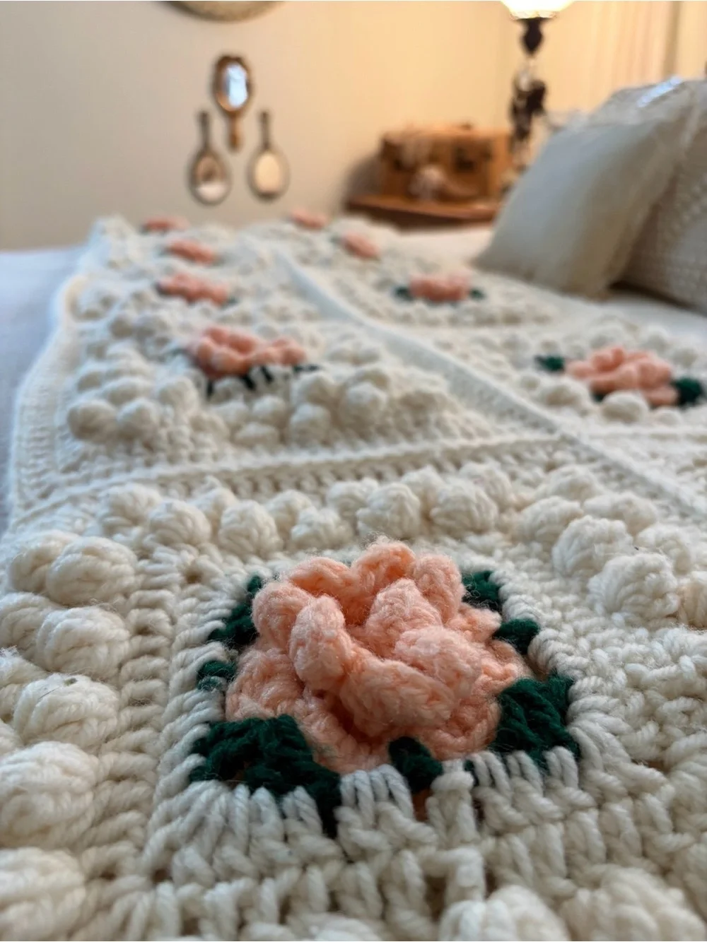 Handmade Cream Crochet Blanket with Peach Floral Squares